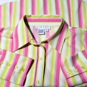 Ninety Stretchy Pink/White/Green Striped Long Sleeve Top (L)